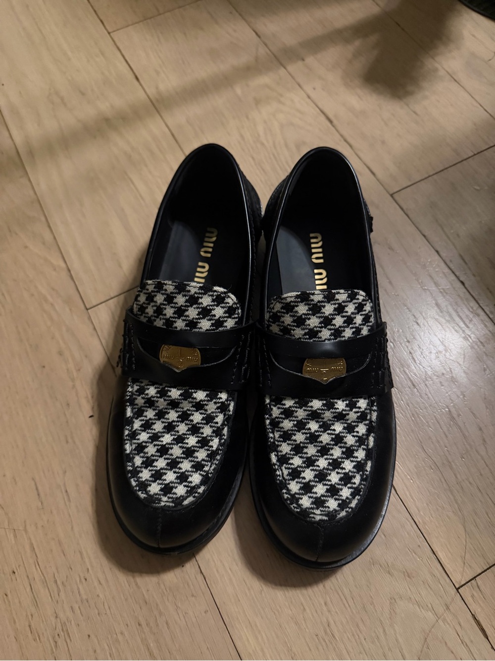 Miu Miu Black Leather Loafers with Black & White Houndstooth